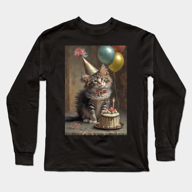 Maine Coon Cat Birthday Card Long Sleeve T-Shirt by candiscamera